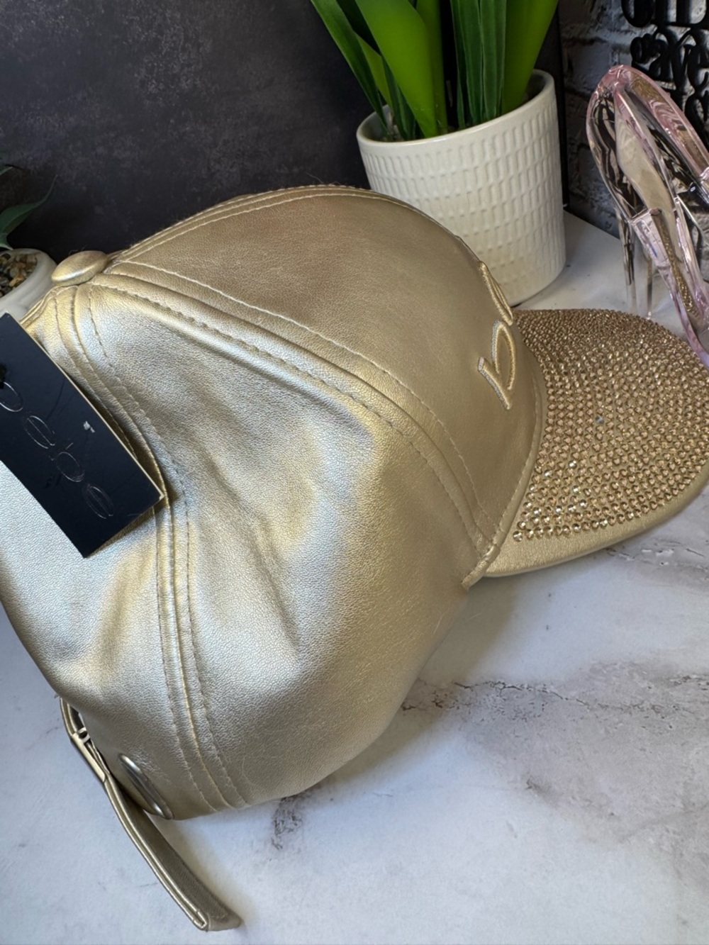 bebe Metallic Gold Crystal-Embellished Baseball Cap - Picture 4 of 8